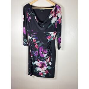 Lauren Ralph Lauren Dress Black Floral 3/4 Sleeve Stretch Cocktail Party Sz 12